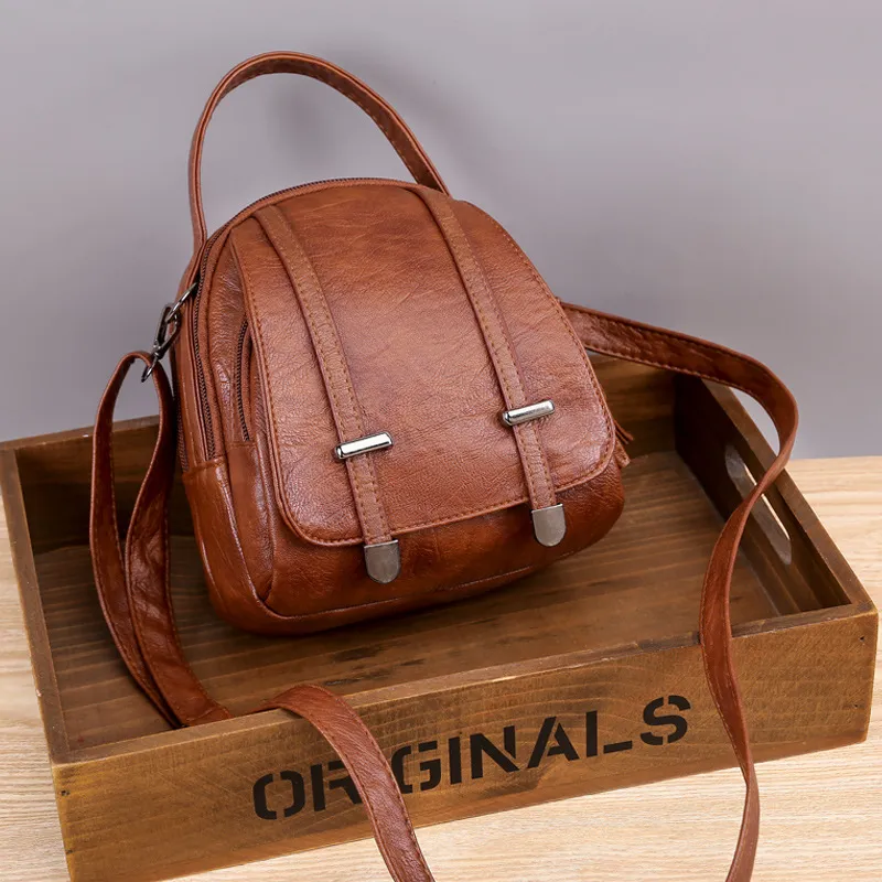 Women Fashionable Vintage Small Round PU Crossbody Bag with Zipper