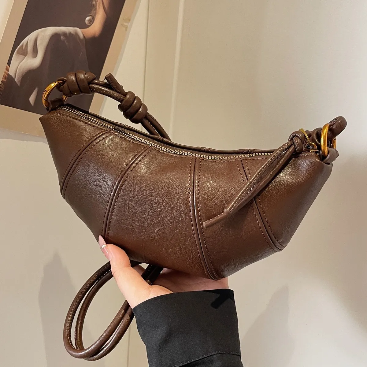 Women Autumn Winter Vintage Cattle PU Dumpling Shoulder Bag Medium