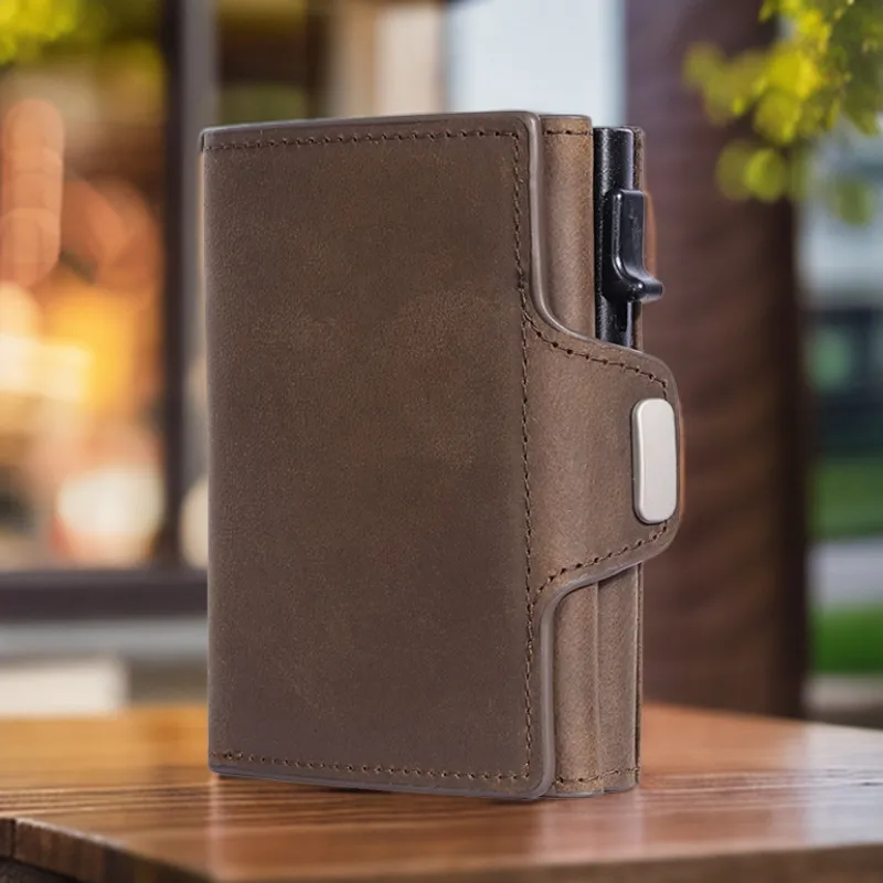 Men Retro Leather Automatic Card Metal Card Holder Wallet