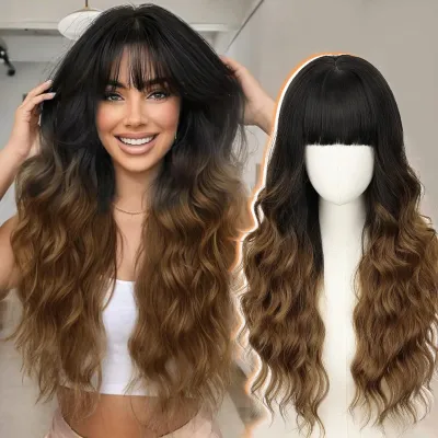 Women Fashion Gradient Bangs Long Curly Hair Wig Natural Style