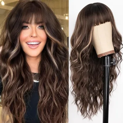 Women Fashion Gradient Bangs Long Curly Hair Wig Natural Style