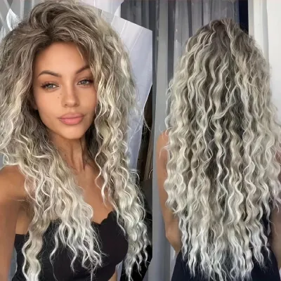 Fashion Gradient Long Curly Wig with Oblique Bangs
