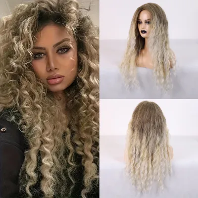 Fashion Gradient Long Curly Wig with Oblique Bangs