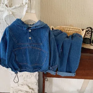 Girl's Fashion Denim Two-Piece Set - Cotton Long Sleeve Solid Pullover Pants Set