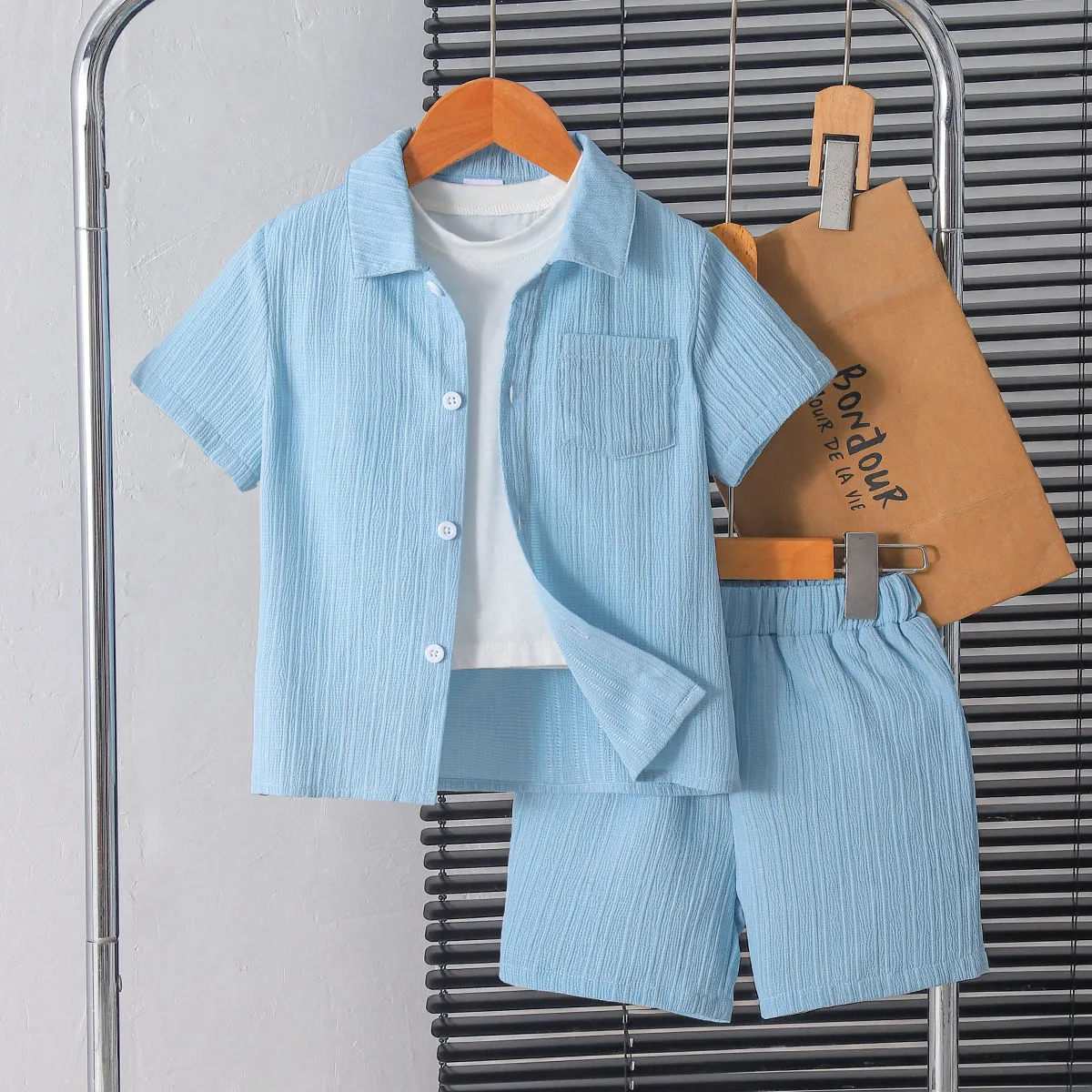 Boys Fashion Solid Color Short Sleeve Shirt And Shorts Two-Piece Set Handsome Polyester Casual Outfit for Kids Ages 3-14