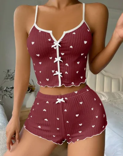 Women's Sexy Printed Bowknot Camisole Slim-Fit Shorts Pajama Set