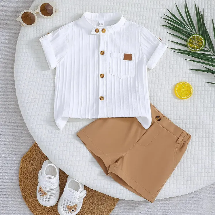 Baby's Boy Casual White Vertical Stripe Short Sleeve Blouse Loose Shorts Two-Piece Set
