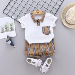 Boys Fashion Casual Splicing Lapel Short-Sleeve T-Shirt Loose Shorts Two-Piece Set Cotton