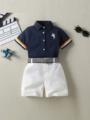 Boys' Fashion Lapel Contrast Color Short-Sleeve Blouse Loose Shorts Two-Piece Set