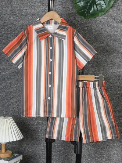 Boys Casual Vacation Printed Short Sleeve Blouse and Loose Shorts Two Piece Set for Summer
