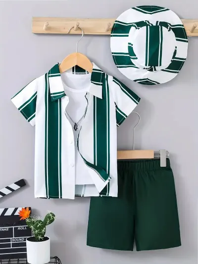 Boys Casual Vacation Printed Short Sleeve Blouse and Loose Shorts Two Piece Set for Summer