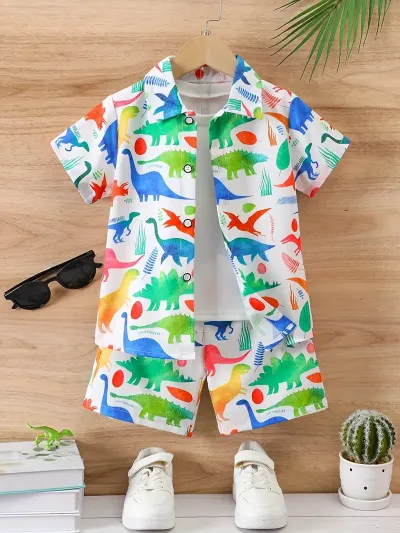 Boys Casual Vacation Printed Short Sleeve Blouse and Loose Shorts Two Piece Set for Summer