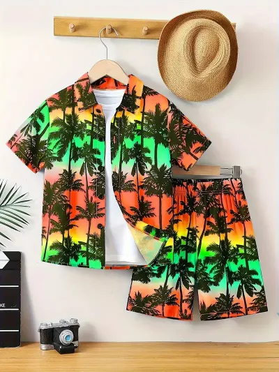 Boys Casual Vacation Printed Short Sleeve Blouse and Loose Shorts Two Piece Set for Summer