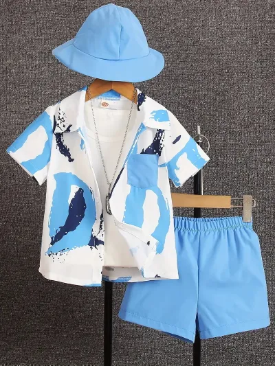 Boys Casual Vacation Printed Short Sleeve Blouse and Loose Shorts Two Piece Set for Summer