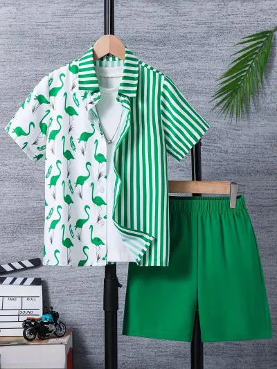 Boys Casual Vacation Printed Short Sleeve Blouse and Loose Shorts Two Piece Set for Summer