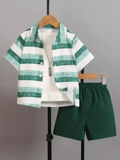 Boys Casual Vacation Printed Short Sleeve Blouse and Loose Shorts Two Piece Set for Summer
