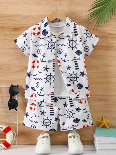 Boys Casual Vacation Printed Short Sleeve Blouse and Loose Shorts Two Piece Set for Summer