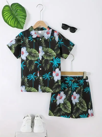 Boys Casual Vacation Printed Short Sleeve Blouse and Loose Shorts Two Piece Set for Summer
