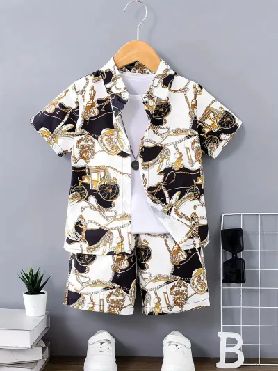 Boys Casual Vacation Printed Short Sleeve Blouse and Loose Shorts Two Piece Set for Summer