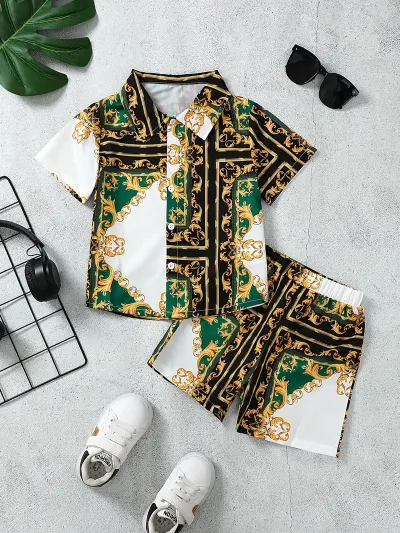 Boys Casual Vacation Printed Short Sleeve Blouse and Loose Shorts Two Piece Set for Summer