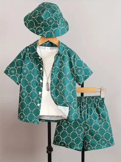 Boys Casual Vacation Printed Short Sleeve Blouse and Loose Shorts Two Piece Set for Summer