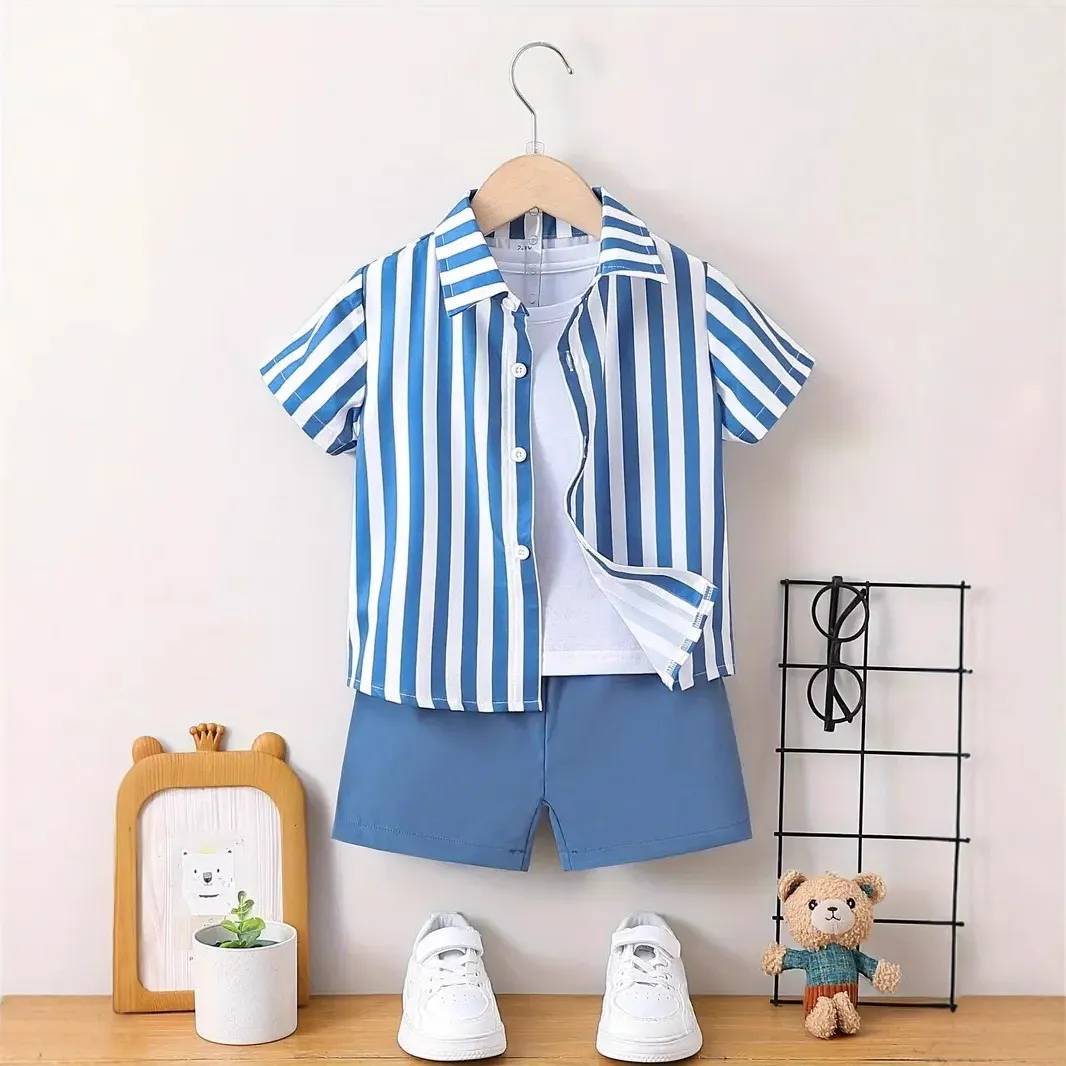 Boys Casual Vacation Printed Short Sleeve Blouse and Loose Shorts Two Piece Set for Summer