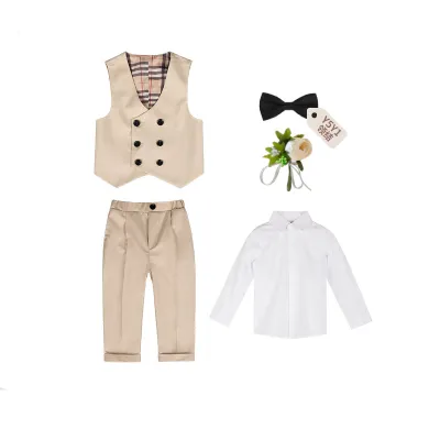 Boys' Solid Color Lapel Long-Sleeve Blouse Tank Top Slim Fit Pants Five-Piece Set, Double-Breasted Buckle