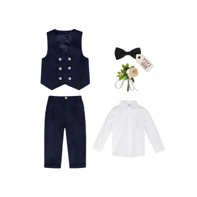 Boys' Solid Color Lapel Long-Sleeve Blouse Tank Top Slim Fit Pants Five-Piece Set, Double-Breasted Buckle