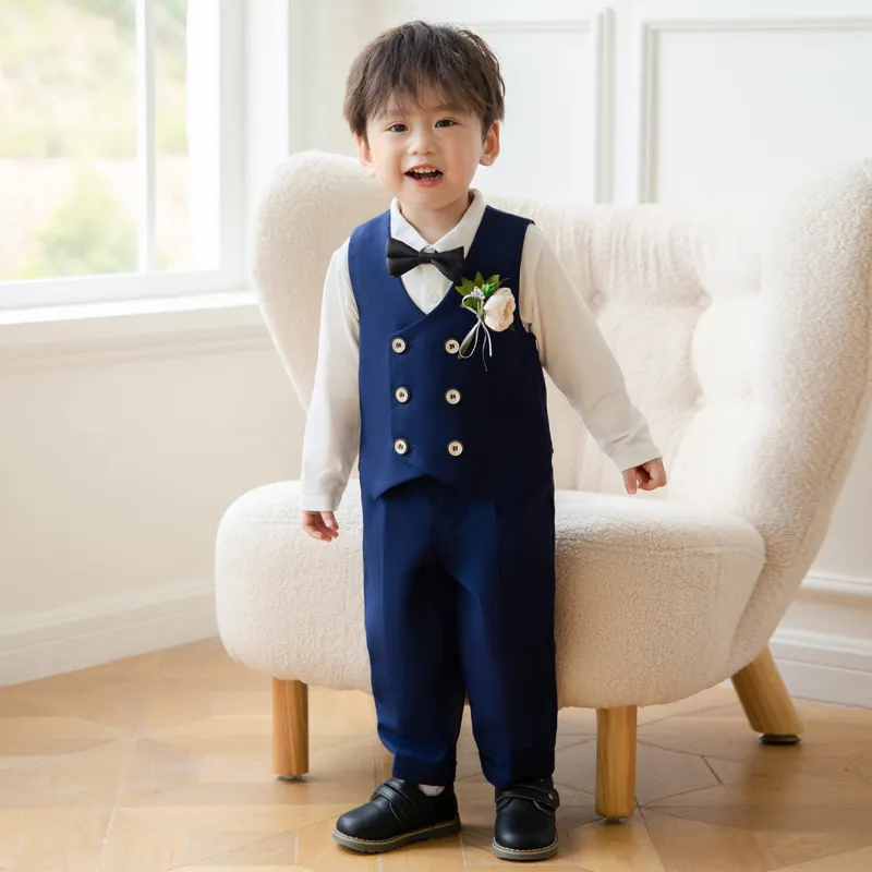 Boys' Solid Color Lapel Long-Sleeve Blouse Tank Top Slim Fit Pants Five-Piece Set, Double-Breasted Buckle
