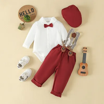 Baby Boys Solid Color Lapel Long-Sleeve Rompers Pants and Hat Three-Piece Set