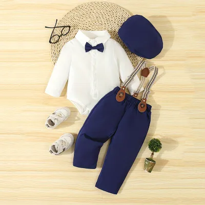 Baby Boys Solid Color Lapel Long-Sleeve Rompers Pants and Hat Three-Piece Set