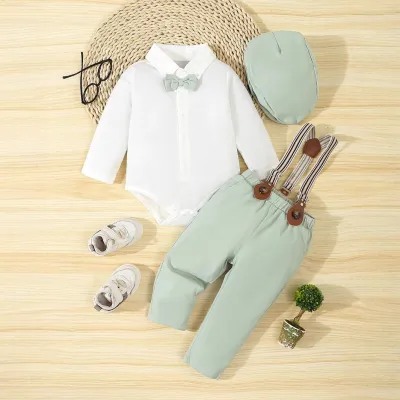Baby Boys Solid Color Lapel Long-Sleeve Rompers Pants and Hat Three-Piece Set