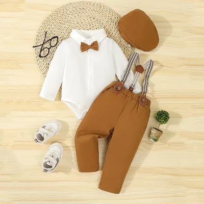 Baby Boys Solid Color Lapel Long-Sleeve Rompers Pants and Hat Three-Piece Set