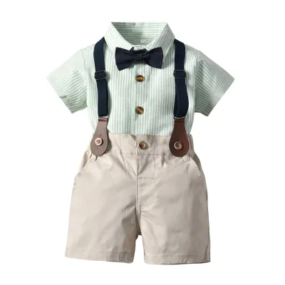 Boys Fashion Casual Stripe Lapel Short-Sleeve Blouse Shorts Two-Piece Set