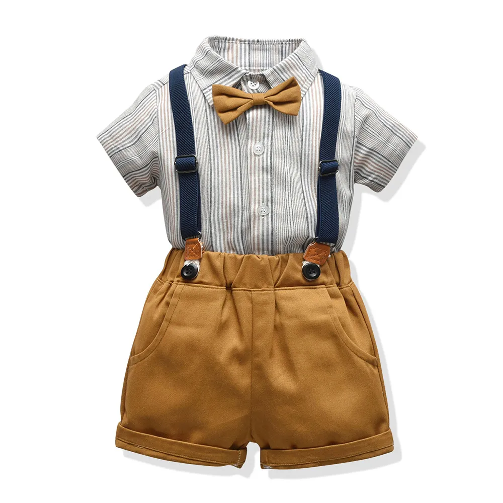 Boys Fashion Casual Stripe Lapel Short-Sleeve Blouse Shorts Two-Piece Set