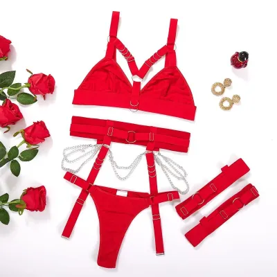 Women Sexy Solid Color Chain Lace-Up Bra Set