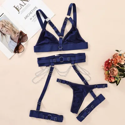 Women Sexy Solid Color Chain Lace-Up Bra Set
