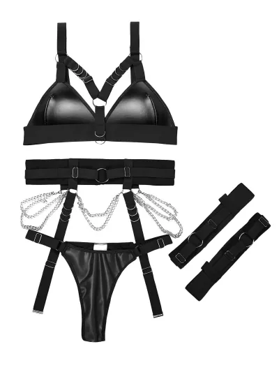 Women Sexy Solid Color Chain Lace-Up Bra Set