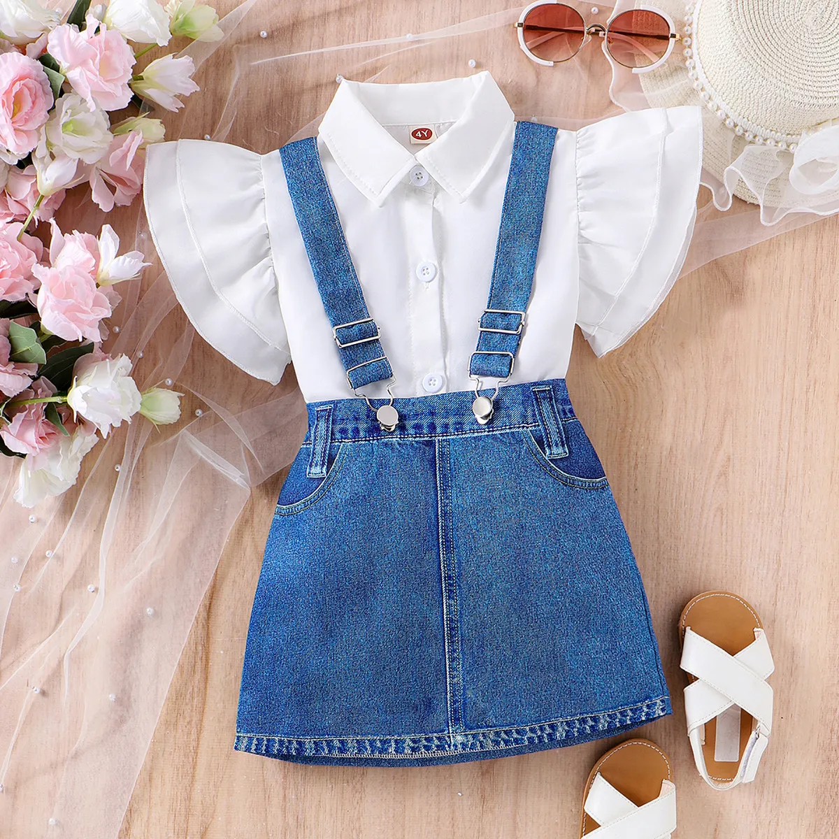 Kids Denim Two-Piece Blouse and Skirt Set with Ruffled Sleeves