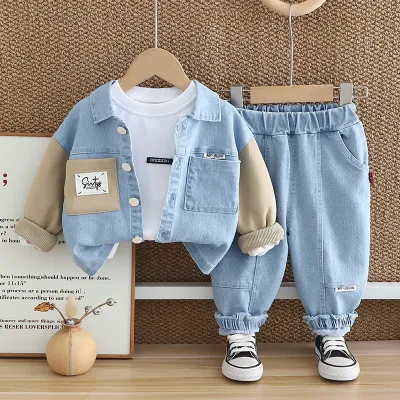 Boys' Fashion Casual T-Shirt Lapel Splicing Long-Sleeve Denim Jacket Jeans Three-Piece Set