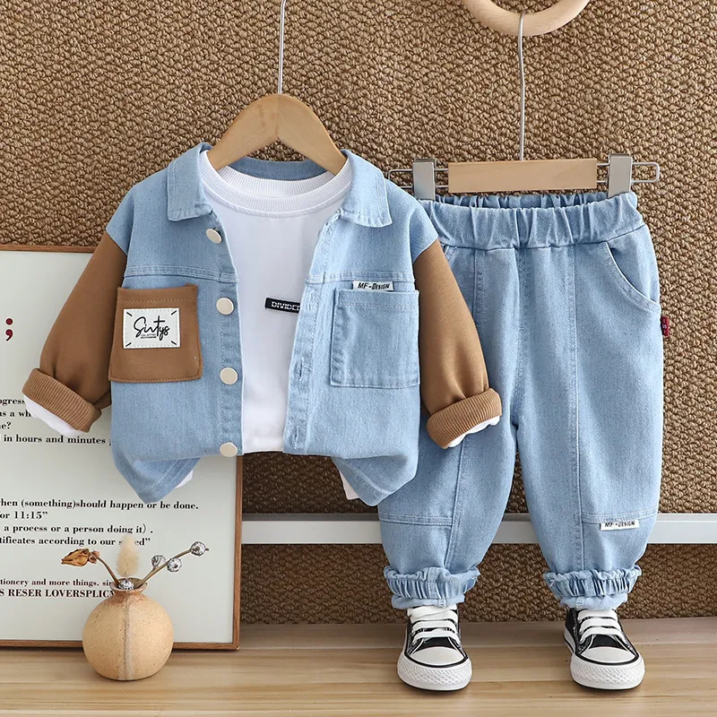 Boys' Fashion Casual T-Shirt Lapel Splicing Long-Sleeve Denim Jacket Jeans Three-Piece Set