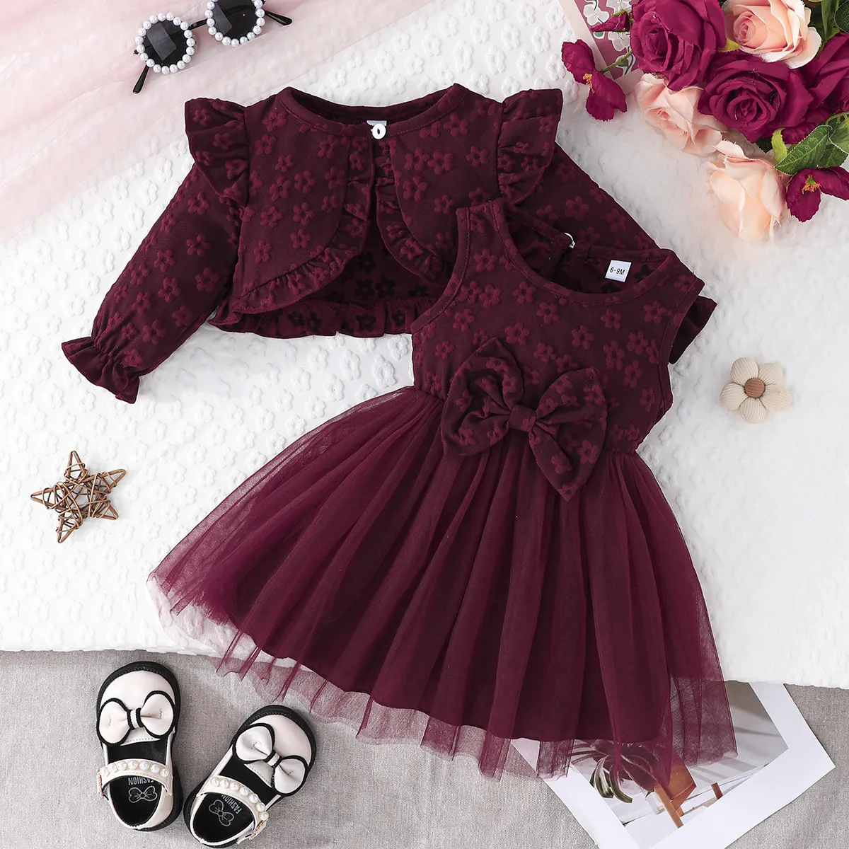 Baby Girl Fashion Elegant Floral Mesh Sleeveless Dress with Long Sleeve Jacket Two-Piece Set