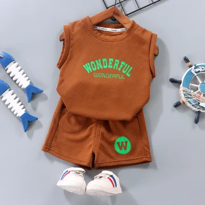 BoyS Fashionable Two-Piece Letter Print Sleeveless Vest And Shorts Set