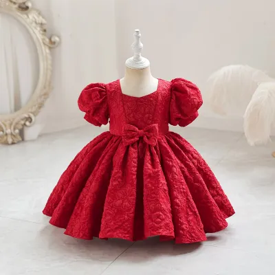 Girls Fashion Elegant Jacquard Puff Sleeve Loose Princess Dress