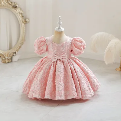 Girls Fashion Elegant Jacquard Puff Sleeve Loose Princess Dress