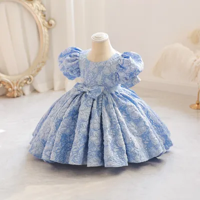 Girls Fashion Elegant Jacquard Puff Sleeve Loose Princess Dress