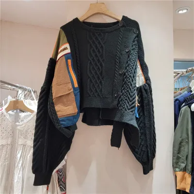 Women Fashion Casual Stitching Long-Sleeve Loose Sweater