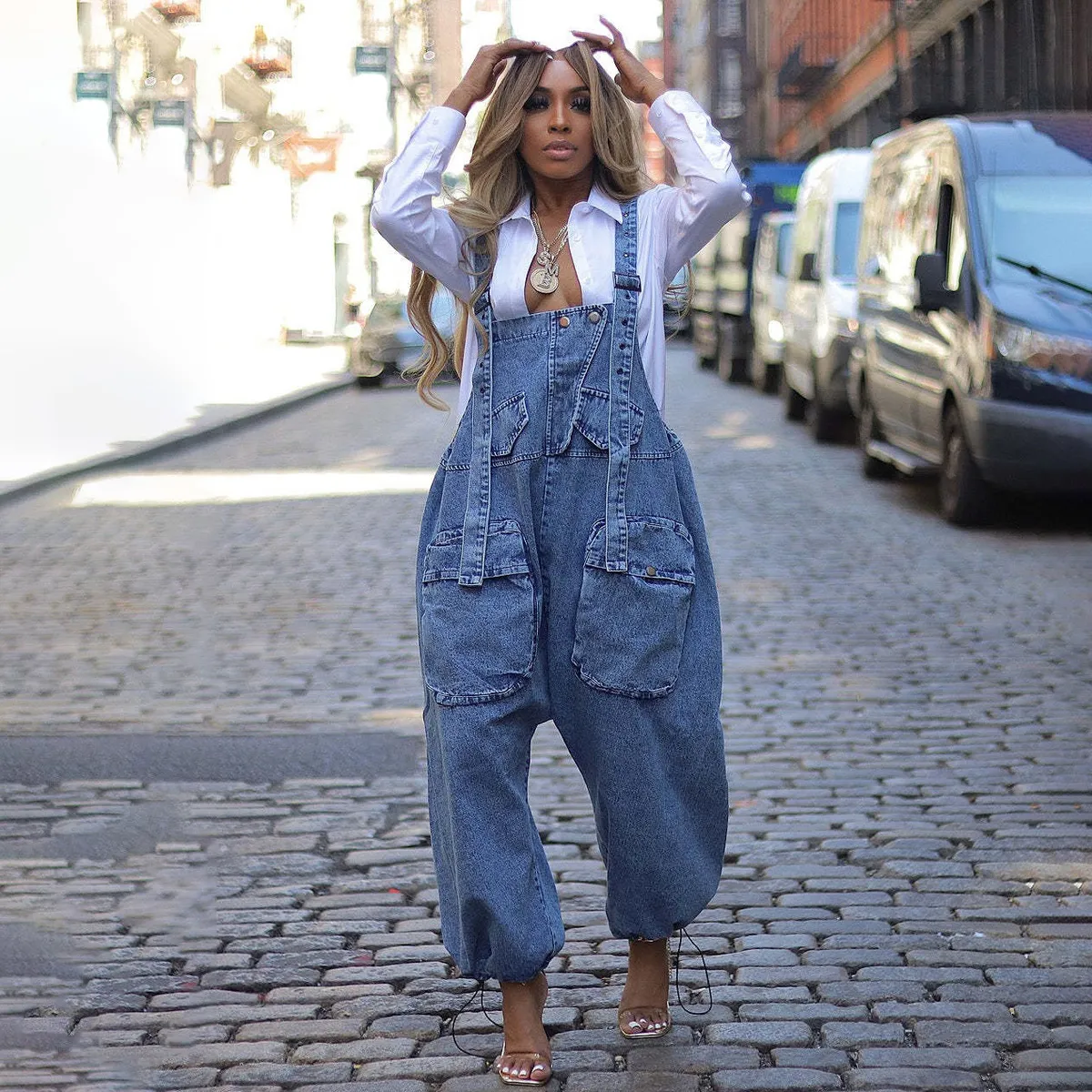 Women Fashion Casual Pockets Wide Leg Denim Jumpsuit