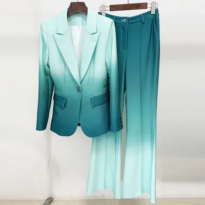 Women Fashion Elegant Gradient Lapel Long-Sleeve Blazer Slim Fit Pants Two-Piece Set
