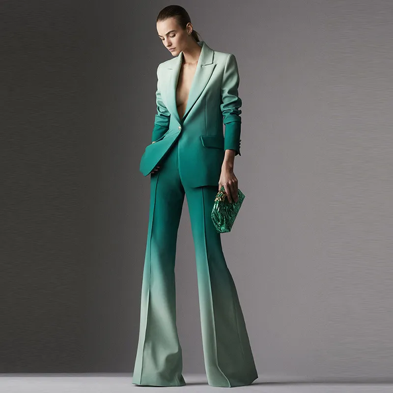 Women Fashion Elegant Gradient Lapel Long-Sleeve Blazer Slim Fit Pants Two-Piece Set